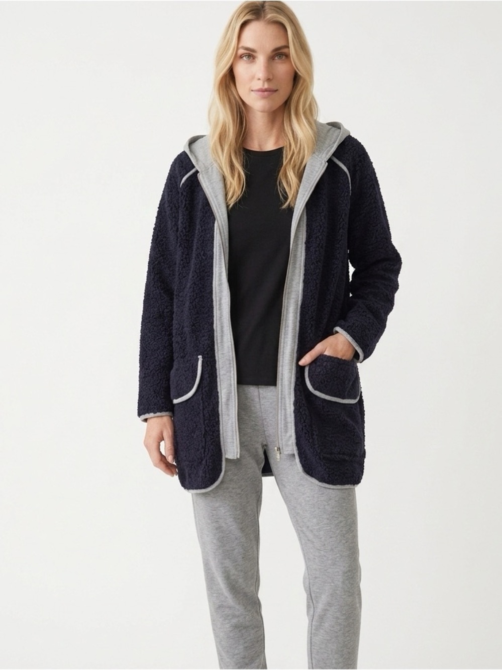 Teddy bear hooded zip long shacket jacket women’s medium super stretch comfort​